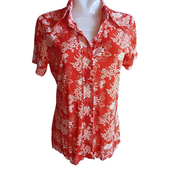 Medium True Vintage Boho Top Red White Floral Blouse 1970's Hovland Swanson USA - Picture 2 of 7